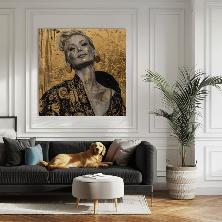 Art deko slika na platnu s motivom žena, portret, ljudi u bež-zlatnih nijansama, elegantna atmosfera, luksuzan utisak, pogodan za dnevnog boravka | Elegantan slika žene Samopouzdanje – proizvod