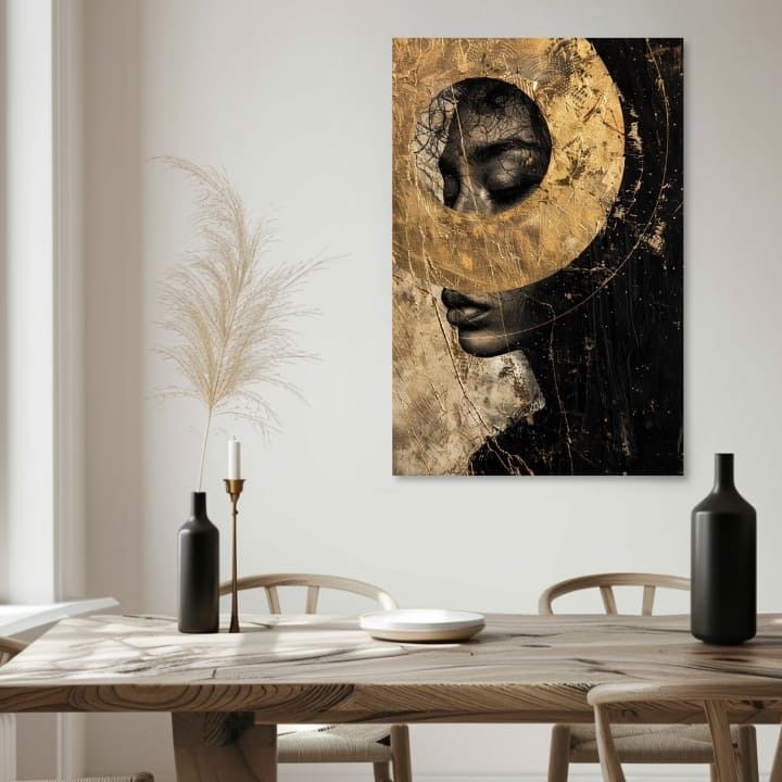 Art deko slika na platnu s motivom žena, lice, religiozni motiv u zlatno-crnih nijansama, tajanstvena atmosfera, duhovnost, pogodan za dnevnog boravka – proizvod, pogled 2