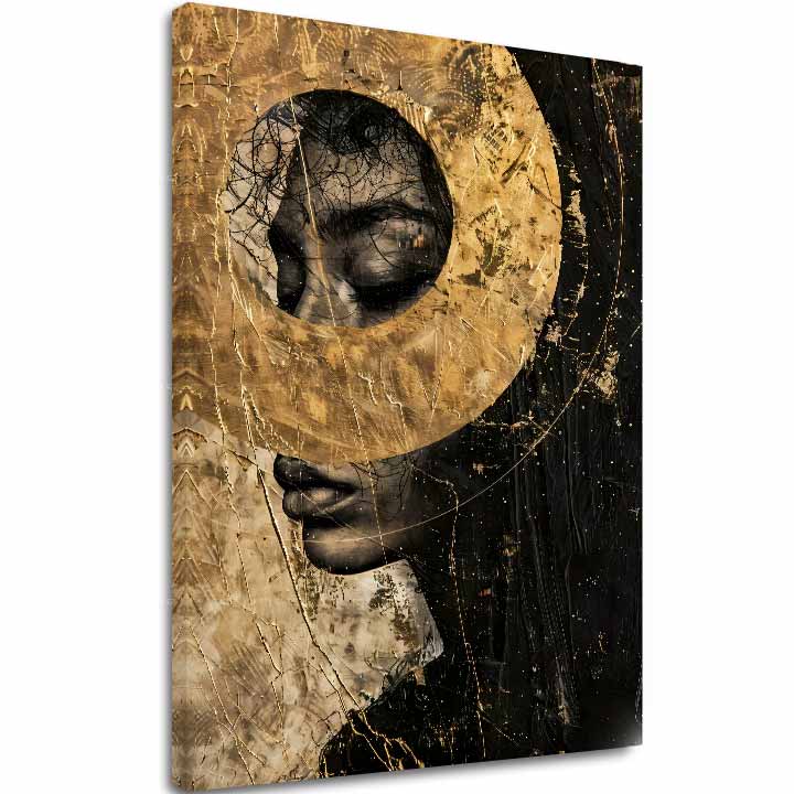 Art deko slika na platnu s motivom žena, lice, religiozni motiv u zlatno-crnih nijansama, tajanstvena atmosfera, duhovnost, pogodan za dnevnog boravka – glavna