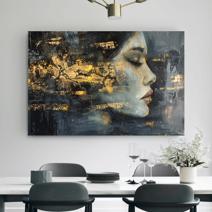 Art deko slika na platnu u plavo-zlatnih nijansama, mirna atmosfera, pogodan za dnevnog boravka | Elegantan slika žene Záhadná cudzinka – proizvod, pogled 2