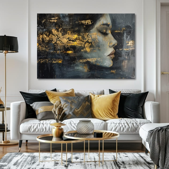 Art deko slika na platnu u plavo-zlatnih nijansama, mirna atmosfera, pogodan za dnevnog boravka | Elegantan slika žene Záhadná cudzinka – proizvod