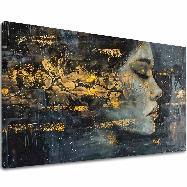 Art deko slika na platnu u plavo-zlatnih nijansama, mirna atmosfera, pogodan za dnevnog boravka | Elegantan slika žene Záhadná cudzinka – glavna