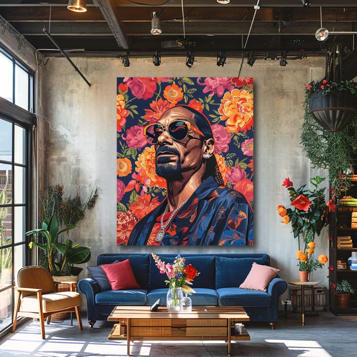 Moderan slika na platnu s motivom Snoop Dogg - Ikona rapovej scény, cvijeće u narandžastih nijansama | Slika Snoop Dogg - Ikona rapovej scény – proizvod, pogled 2
