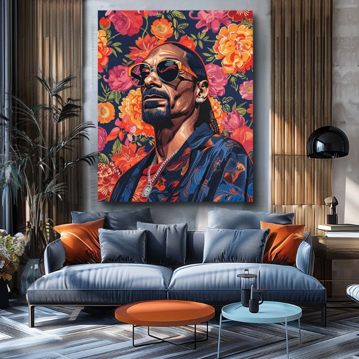 Moderan slika na platnu s motivom Snoop Dogg - Ikona rapovej scény, cvijeće u narandžastih nijansama | Slika Snoop Dogg - Ikona rapovej scény – proizvod