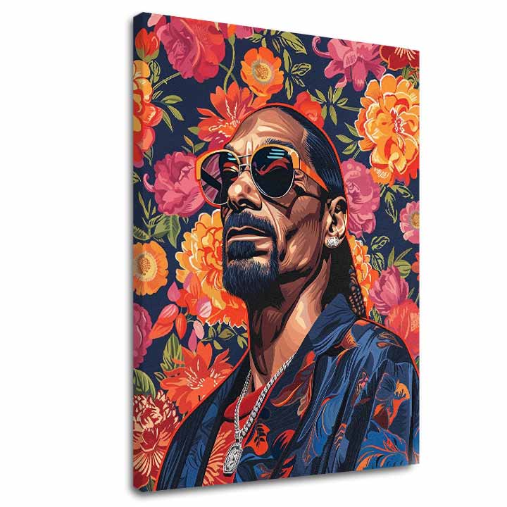 Moderan slika na platnu s motivom Snoop Dogg - Ikona rapovej scény, cvijeće u narandžastih nijansama | Slika Snoop Dogg - Ikona rapovej scény – glavna