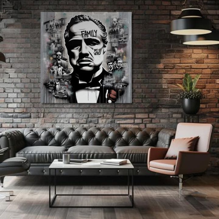 U boho stilu slika na platnu s motivom The Godfather - Mafiánsky Boss, mapa u bijelo-sivih nijansama, snaga i moć i filmski svijet, pogodan za kancelarije – proizvod