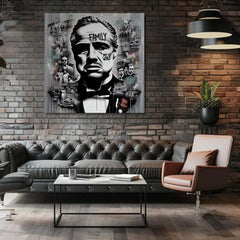 U boho stilu slika na platnu s motivom The Godfather - Mafiánsky Boss, mapa u bijelo-sivih nijansama, snaga i moć i filmski svijet, pogodan za kancelarije – proizvod