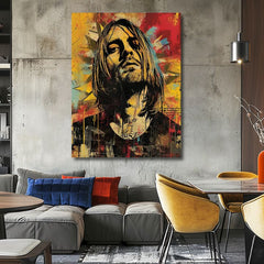 Moderan slika na platnu u žuto-crnih nijansama, rock and roll i muzička istorija | Kurt Cobain na platnu - Hudobná revolúcia – proizvod, pogled 2