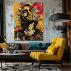 Moderan slika na platnu u žuto-crnih nijansama, rock and roll i muzička istorija | Kurt Cobain na platnu - Hudobná revolúcia – proizvod