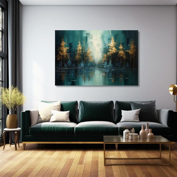 Art deko slika na platnu s motivom drveće, pejzaž, mapa, priroda u plavo-zelenih nijansama, mirna atmosfera, priroda i razmišljanje, pogodan za dnevnog boravka – proizvod