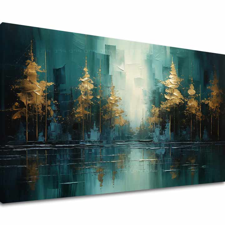 Art deko slika na platnu s motivom drveće, pejzaž, mapa, priroda u plavo-zelenih nijansama, mirna atmosfera, priroda i razmišljanje, pogodan za dnevnog boravka – glavna