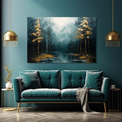 Art deko slika na platnu s motivom šuma, drveće, planine, izmaglica, pejzaž u plavo-zelenih nijansama, mirna atmosfera, priroda i tajna, pogodan za dnevnog boravka – proizvod