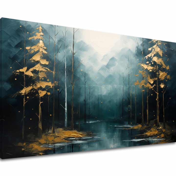 Art deko slika na platnu s motivom šuma, drveće, planine, izmaglica, pejzaž u plavo-zelenih nijansama, mirna atmosfera, priroda i tajna, pogodan za dnevnog boravka – glavna