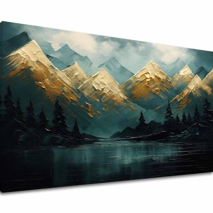 Art deko slika na platnu s motivom planine, jezero, nebo, pejzaž, priroda u plavo-zelenih nijansama, mirna atmosfera, priroda i divljina, pogodan za dnevnog boravka – glavna