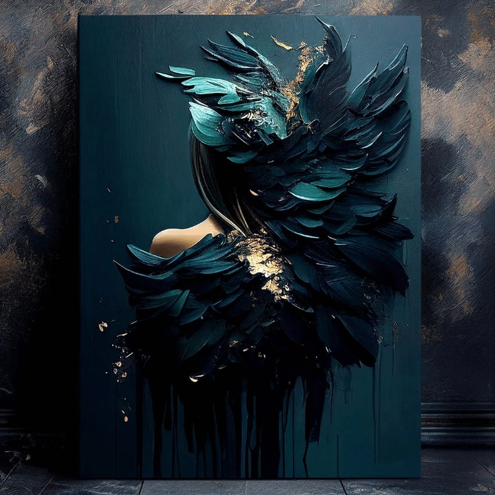 Art deko slika na platnu s motivom Feminine Touch of Angelic Beauty, zlatni akcenti u plavo-zelenih nijansama, melanholična atmosfera, pogodan za radne sobe – proizvod, pogled 2
