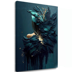 Art deko slika na platnu s motivom Feminine Touch of Angelic Beauty, zlatni akcenti u plavo-zelenih nijansama, melanholična atmosfera, pogodan za radne sobe – glavna
