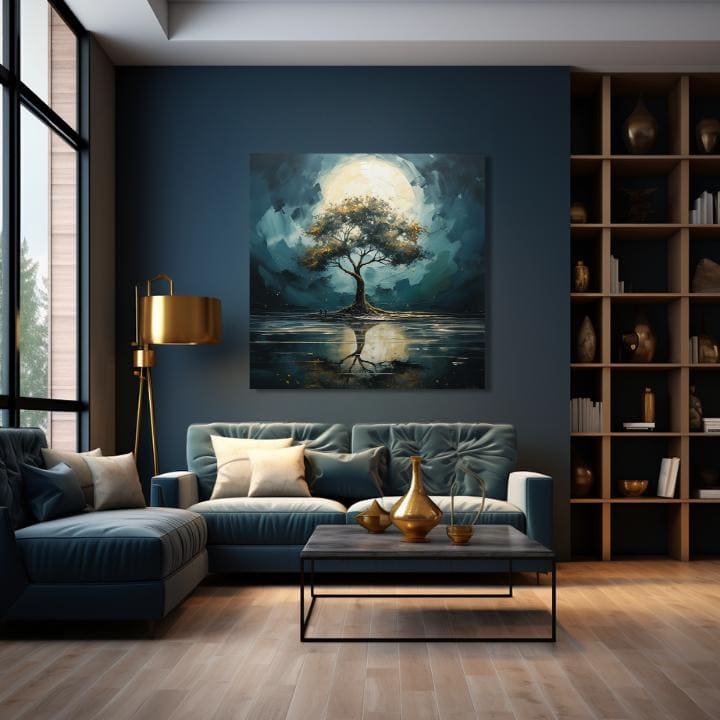 Art deko slika na platnu s motivom drvo, mjesec, priroda u bijelo-plavih nijansama, mirna atmosfera, samoća i priroda, pogodan za dnevnog boravka – proizvod