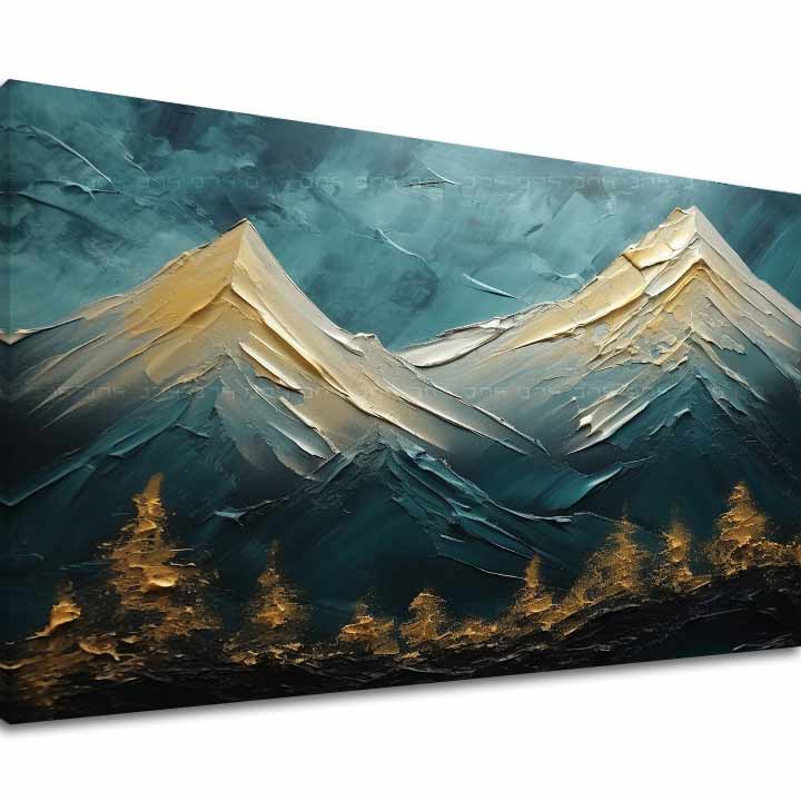 Art deko slika na platnu s motivom planine, nebo, pejzaž u plavo-zelenih nijansama, mirna atmosfera, priroda i divljina, pogodan za dnevnog boravka – glavna