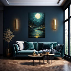Art deko slika na platnu s motivom rijeka, noćno nebo, pejzaž, priroda u bijelo-plavih nijansama, tajanstvena atmosfera, samoća i priroda, pogodan za dnevnog boravka – proizvod