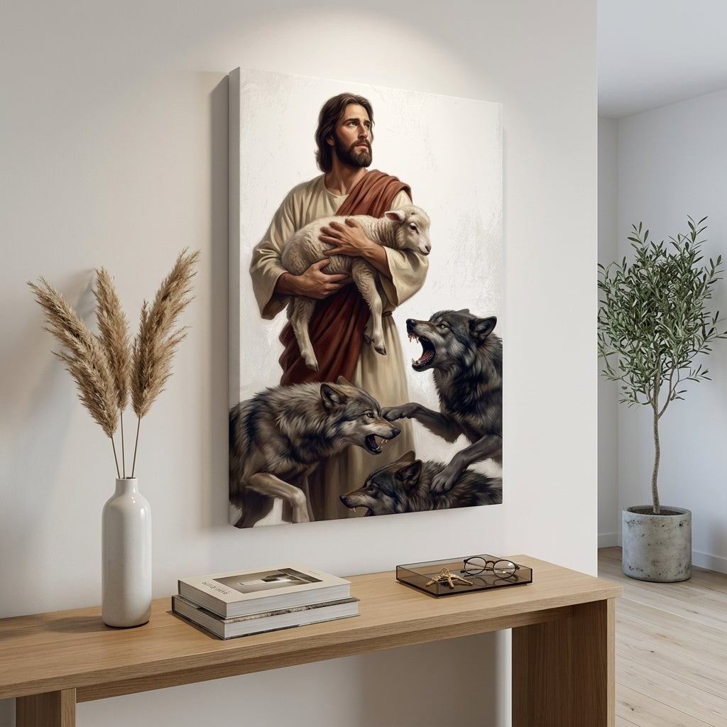 Slika Isus Hrist koji štiti jagnje od vukova u modernom enterijeru dnevnog boravka, iznad drvene konzole sa dekoracijama.