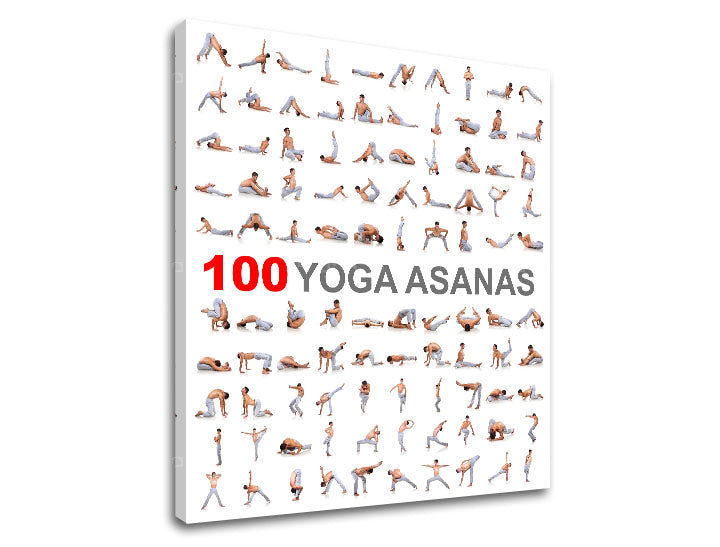 Moderan slika na platnu s motivom 100 Yoga asanas, motivacioni citat u bijelo-sivih nijansama, unutarnji mir | Motivacioni slika za zid 100 Yoga asanas – proizvod