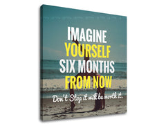 U boho stilu slika na platnu s motivom Imagine yourself, okean, plaža, more i plaža, motivacioni citat u bijelo-žutih nijansama, inspirativna atmosfera – proizvod