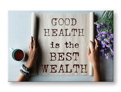 Moderan slika na platnu s motivom Good health, cvijeće, motivacioni citat, religiozni motiv, priroda u bež-smeđih nijansama, mirna atmosfera – glavna