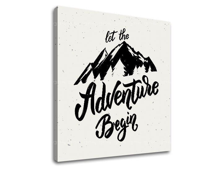 Art deko slika s motivom Let the adventure begin, planine, putnički motiv u bijelo-sivih nijansama | Motivacioni slika za zid Let the adventure begin – pregled