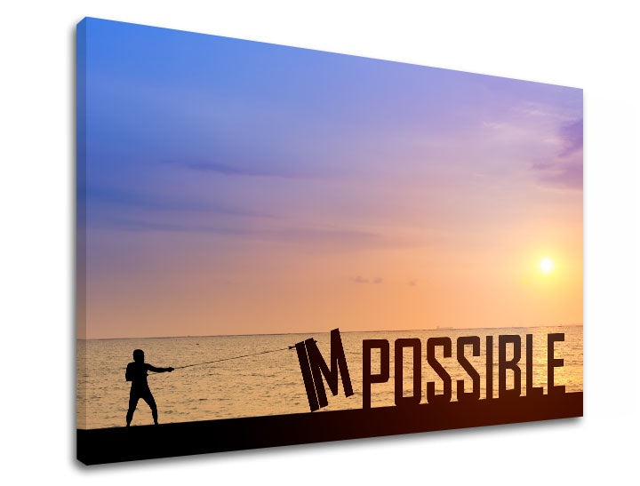 U boho stilu slika s motivom Impossible, zalazak sunca, okean u ljubičasto-plavih nijansama | Motivacioni slika za zid Impossible, priroda – pregled