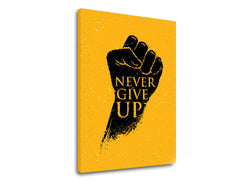 Moderan slika na platnu s motivom Never give up, motivacioni citat u crno-žutih nijansama, snaga, pogodan za kancelarije | Motivacioni slika za zid Never give up – proizvod