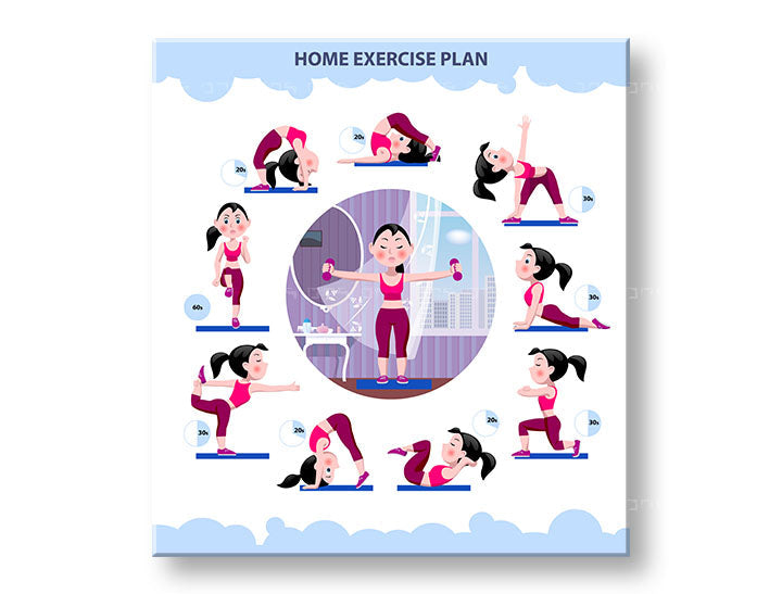 Moderan slika na platnu s motivom Home exercise plan, motivacioni citat, sportski motiv u bijelo-plavih nijansama, energična atmosfera, pogodan za radne sobe – glavna