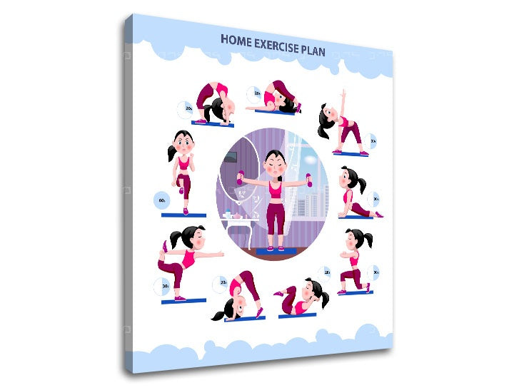 Moderan slika s motivom Home exercise plan, motivacioni citat, sportski motiv u bijelo-plavih nijansama | Motivacioni slika za zid Home exercise plan – pregled