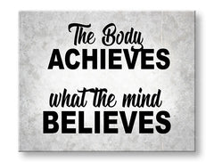 Moderan slika na platnu s motivom The body achieves, motivacioni citat u sivo-crnih nijansama, unutarnji mir, pogodan za kancelarije | Motivacioni slika za zid The body achieves_002 – glavna