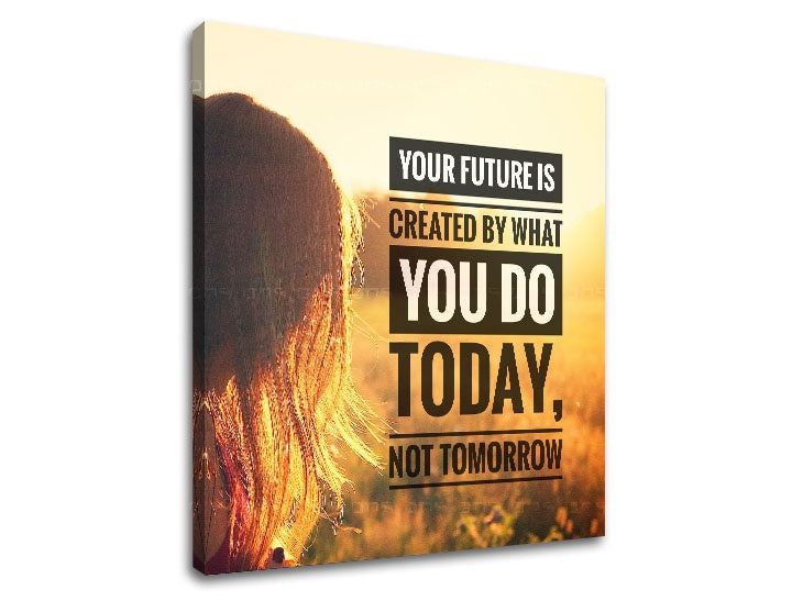 Moderan slika s motivom Your future is created, zalazak sunca, polje u bijelo-zlatnih nijansama | Motivacioni slika za zid Your future is created – pregled
