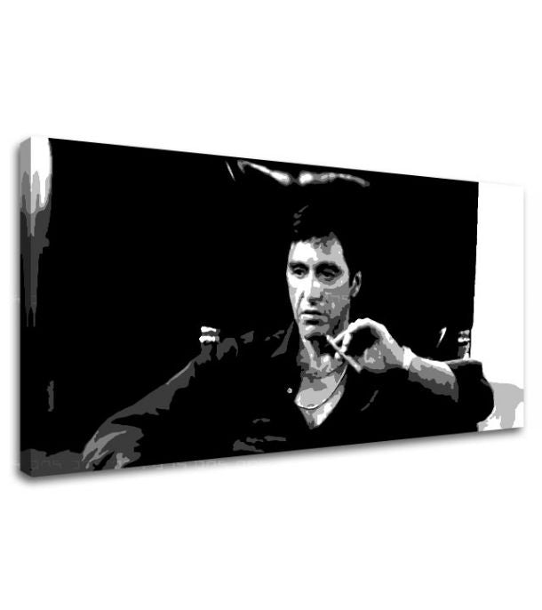 Pop art slika na platnu s motivom Nahnevaný Tony Montana s cigarou v ruke, automobil, priroda u bijelo-crnih nijansama, intenzivna atmosfera – proizvod