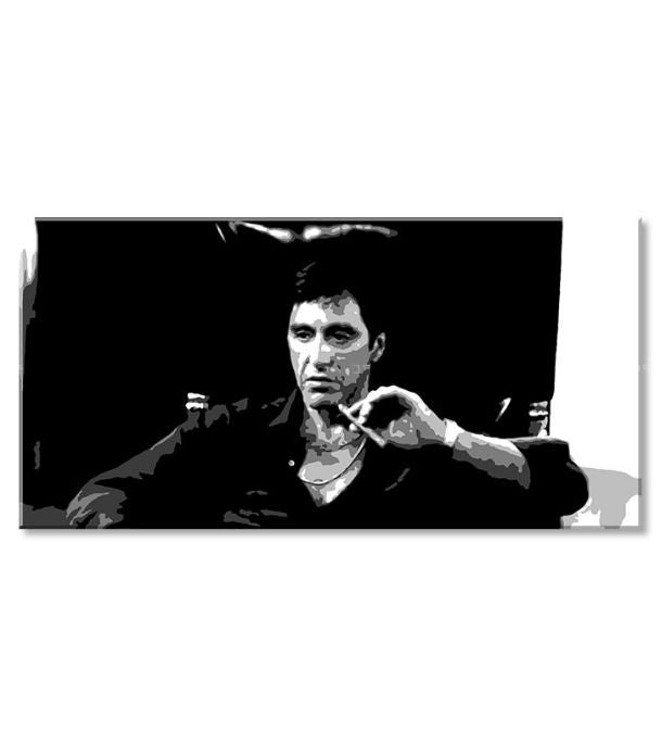 Pop art slika na platnu s motivom Nahnevaný Tony Montana s cigarou v ruke, automobil, priroda u bijelo-crnih nijansama, intenzivna atmosfera – proizvod, pogled 2