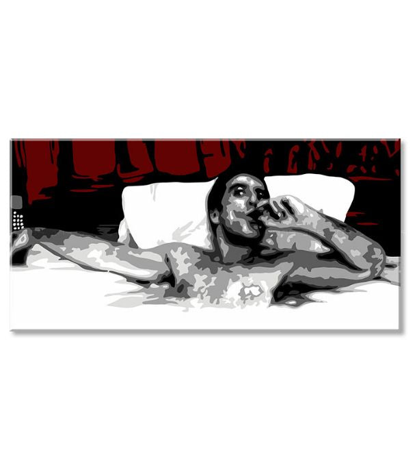 Pop art slika na platnu s motivom Tony Montana s cigarou v bazéne u bijelo-crvenih nijansama, samoća | Najveći mafiáni na platnu Scarface - Tony Montana s cigarou v bazéne – proizvod, pogled 3