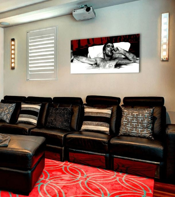Pop art slika na platnu s motivom Tony Montana s cigarou v bazéne u bijelo-crvenih nijansama, samoća | Najveći mafiáni na platnu Scarface - Tony Montana s cigarou v bazéne – glavna