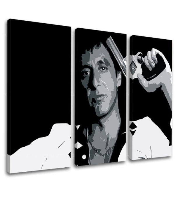 Pop art slika na platnu s motivom Tony Montana so zbraňou v ruke u bijelo-sivih nijansama, intenzivna atmosfera, filmski svijet i snaga i moć | Najveći mafiáni na platnu Scarface - Tony Mon..., pogled 3