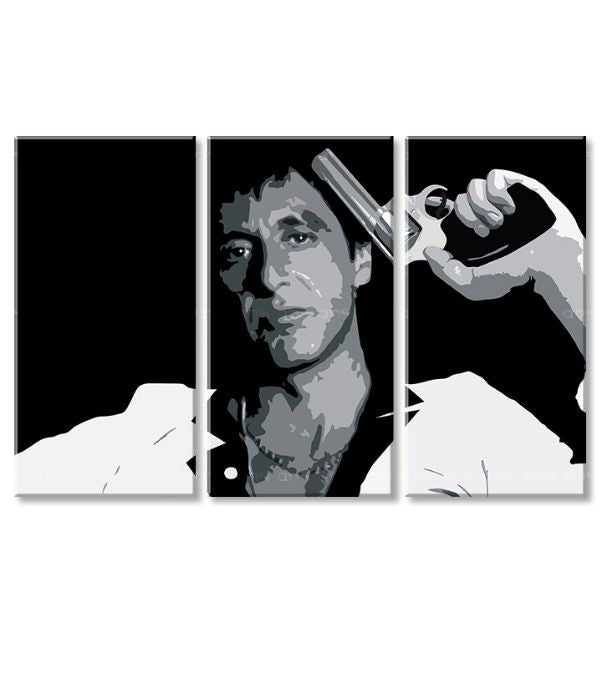 Pop art slika na platnu s motivom Tony Montana so zbraňou v ruke u bijelo-sivih nijansama, intenzivna atmosfera, filmski svijet i snaga i moć | Najveći mafiáni na platnu Scarface - Tony Mon..., pogled 4