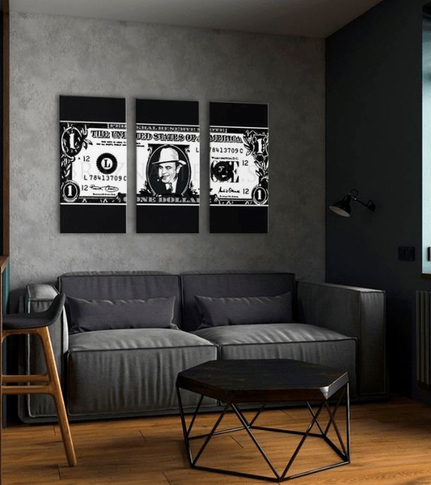 Pop art slika na platnu s motivom Al Capone na dolári u bijelo-crnih nijansama, drska atmosfera, pogodan za kancelarije | Najveći mafiáni na platnu Scarface- Al Capone na dolári – proizvod