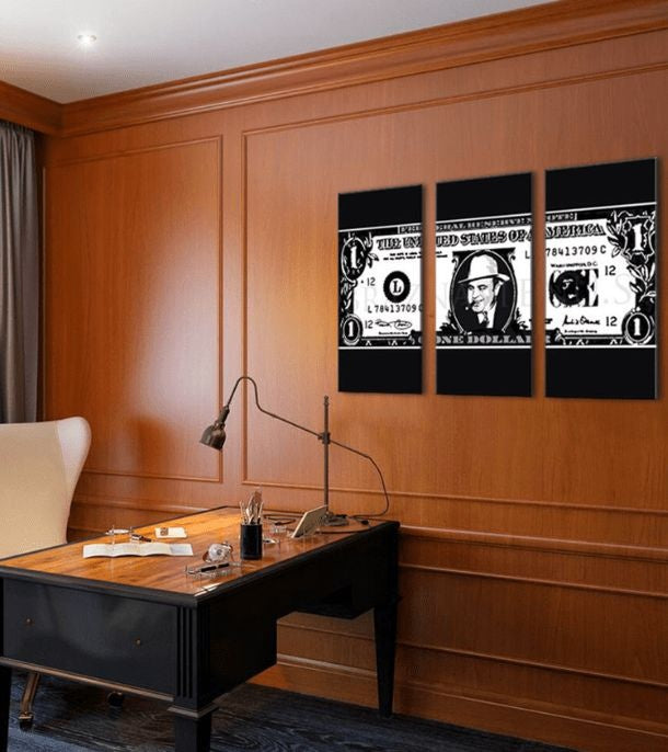 Pop art slika na platnu s motivom Al Capone na dolári u bijelo-crnih nijansama, drska atmosfera, pogodan za kancelarije | Najveći mafiáni na platnu Scarface- Al Capone na dolári – glavna