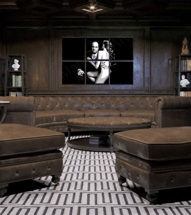 Pop art slika na platnu s motivom Sopranos - Tony Soprano s nahou ženou u bijelo-crnih nijansama, dramatična atmosfera, kriminalna drama i ljubav – glavna