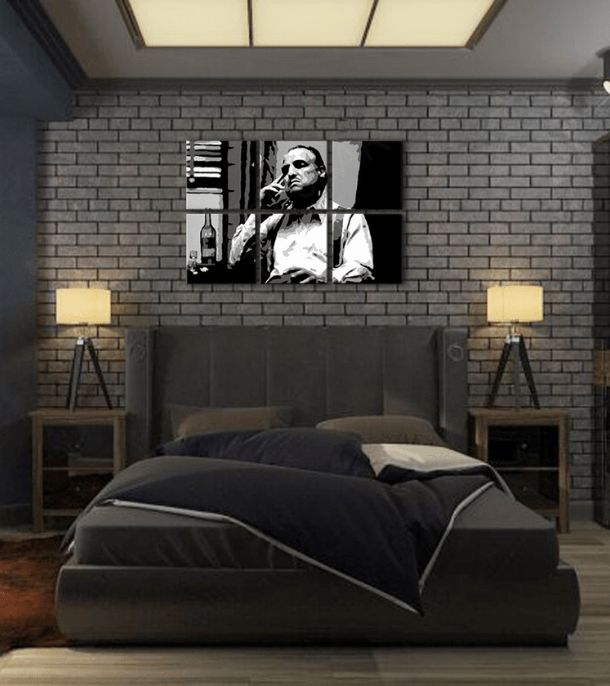 Pop art slika na platnu s motivom The Godfather - Vito Corleone s flašom škótskej, cigara, flaša u bijelo-crnih nijansama, melanholična atmosfera – proizvod