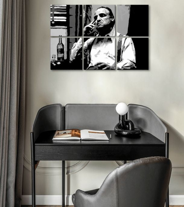 Pop art slika na platnu s motivom The Godfather - Vito Corleone s flašom škótskej, cigara, flaša u bijelo-crnih nijansama, melanholična atmosfera – glavna