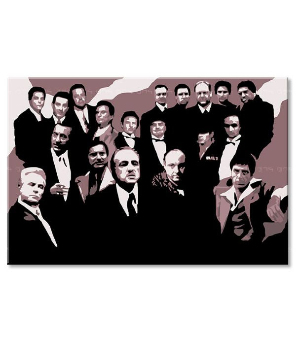 Pop art slika na platnu s motivom The Mafia family, automobil u smeđe-crvenih nijansama, dramatična atmosfera, porodica i snaga i moć, pogodan za kancelarije – proizvod, pogled 3