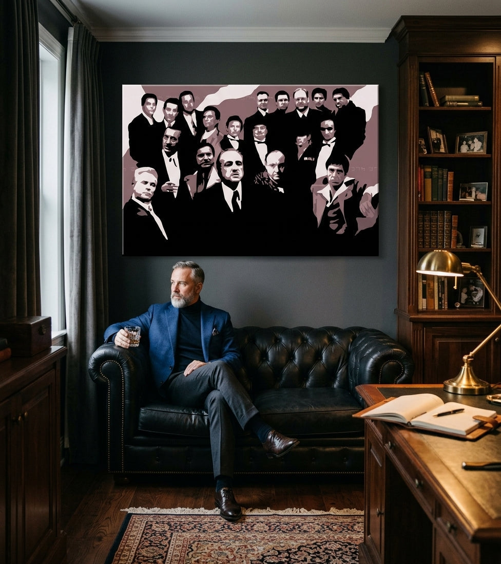 Pop art slika na platnu s motivom The Mafia family, automobil u smeđe-crvenih nijansama okačena u enterijeru kancelarije, dramatična atmosfera – enterijer