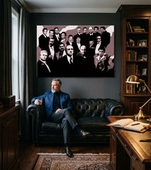 Pop art slika na platnu s motivom The Mafia family, automobil u smeđe-crvenih nijansama okačena u enterijeru kancelarije, dramatična atmosfera – enterijer