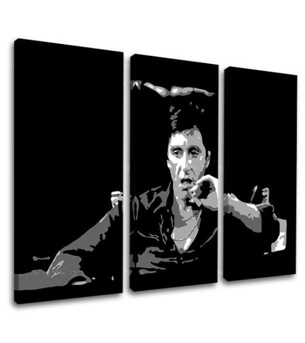 Pop art slika na platnu s motivom Tony Montana razmišlja nad svojim plánom, cigara u bijelo-crnih nijansama, drska atmosfera, filmski svijet i nostalgija – proizvod