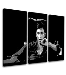 Pop art slika na platnu s motivom Tony Montana razmišlja nad svojim plánom, cigara u bijelo-crnih nijansama, drska atmosfera, filmski svijet i nostalgija – proizvod